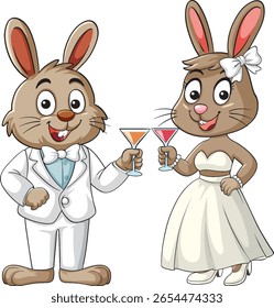 Ilustração vetorial de uma noiva e noivo coelho em trajes de casamento, coquetéis sorridentes e clinking, estilo de desenho animado plano com linhas limpas
