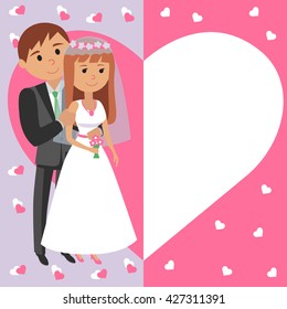 Vector illustration of bride and groom. Card invitation to wedding ceremony in flat style with heart and flowers. Portraits of the bride and groom in heart illustration for wedding.