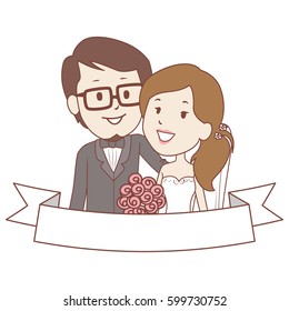 Vector Illustration of Bride and Groom Couple with Blank Ribbon Label Template