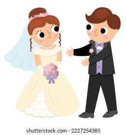 Vector illustration with bride and groom. Cute just married couple. Wedding ceremony icon. Cartoon marriage scene with newly married couple. Husband stacking out his hands to hug the wife
