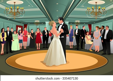 A vector illustration of bride and groom dancing their first dance at the wedding party