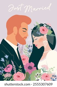 Vector illustration with bride and groom. Design element for wedding concept and other uses