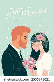 Vector illustration with bride and groom. Design element for wedding concept and other uses