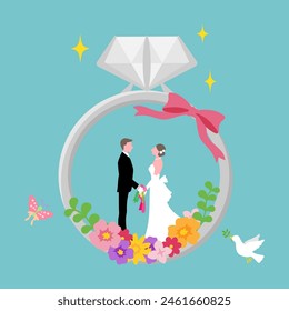 Vector illustration of bride and groom facing each other and diamond rings decorated with flowers and ribbons