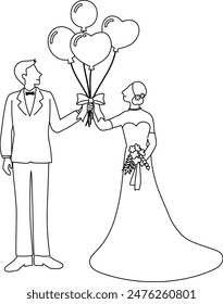 Vector illustration of a bride and groom holding heart-shaped balloons in line art