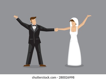 Vector illustration of a bride and groom holding hands in celebration of happiness isolated on grey background.