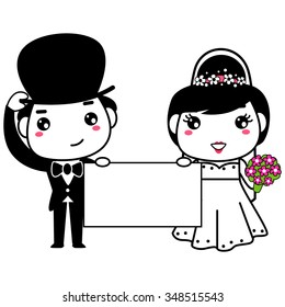 Vector Illustration of Bride and Groom holding a blank Board