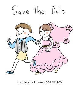 vector illustration - Bride and groom holding hands and running.  Save the date card. Wedding couple in love. Wedding Day.