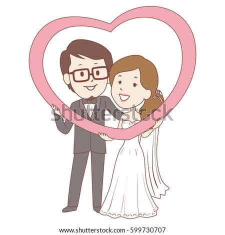 Vector Illustration of Bride and Groom Holding Big Heart