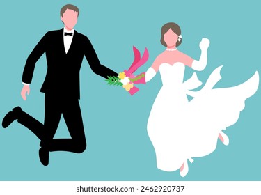 Vector illustration of bride and groom jumping hand in hand