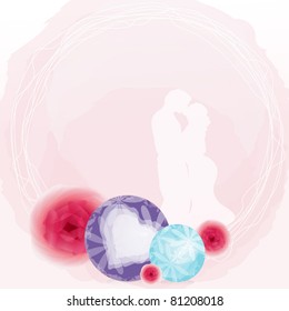 Vector illustration, Bride and groom kiss on heart shape background