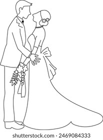 A vector illustration of a bride and groom kissing in a line drawing from the side
