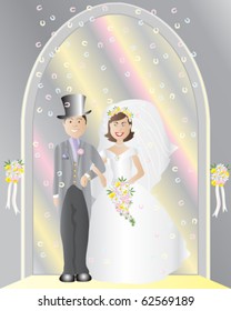 vector illustration of a bride and groom leaving a church doorway with falling confetti in eps10 format