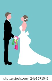 Vector illustration of a bride and groom looking at each other and holding hands