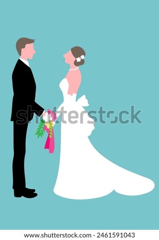 Vector illustration of a bride and groom looking at each other and holding hands