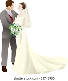 A vector illustration of a bride and groom in love, getting married on their wedding day.