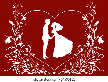 Vector illustration of bride and groom on the elegant background decorated with heart shape and flowers. Ideal for wedding invitation.
