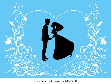 Vector illustration of bride and groom on the elegant background decorated with heart shape and flowers. Ideal for wedding invitation.