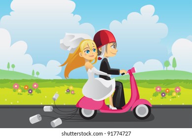 A vector illustration of a bride and a groom riding a scooter