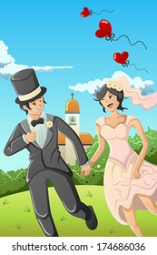 A vector illustration of bride and groom running in the garden