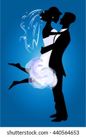Vector illustration of bride and groom silhouette. Wedding invitation template. 