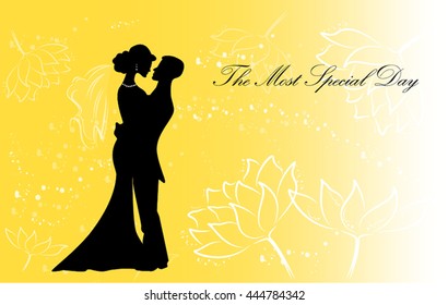 Vector illustration of bride and groom silhouette on the floral yellow background. Wedding invitation template. Flowers on the background