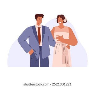 Vector illustration with the bride and groom warmly embracing each other. The bride is wearing a white wedding dress, and the groom is wearing a suit and tie