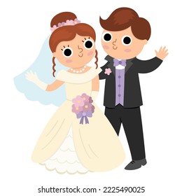 Vector illustration with bride and groom waving hands. Cute just married couple. Wedding ceremony icon. Cartoon marriage scene with newly married smiling couple greeting guests
