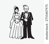 Vector illustration of a bride and groom. The bride wears a gown and veil, holding a bouquet. The groom is in a tuxedo, arm-in-arm with the bride.