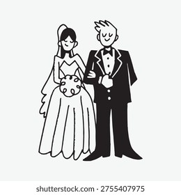 Vector illustration of a bride and groom. The bride wears a gown and veil, holding a bouquet. The groom is in a tuxedo, arm-in-arm with the bride.