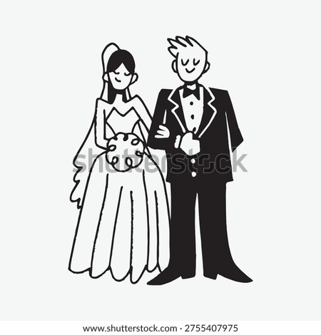 Vector illustration of a bride and groom. The bride wears a gown and veil, holding a bouquet. The groom is in a tuxedo, arm-in-arm with the bride.