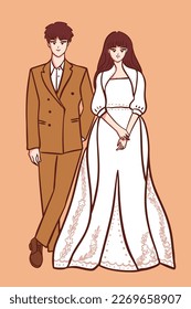 Vector illustration bride groom white dress and suite