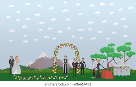 Vector illustration of bride and her father, groom and the best man, priest and guests. Wedding concept flat style design element.