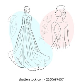 Vector illustration of a bride in wedding dress and a veil with floral ornament and abstracts