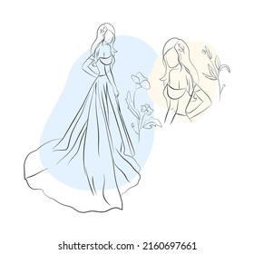 Vector illustration of a bride in wedding dress and with floral ornament and abstracts