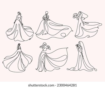 Vector illustration of a bride in wedding dress and a veil minimalist line art