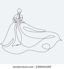 Vector illustration of a bride in wedding dress and a veil minimalist line art