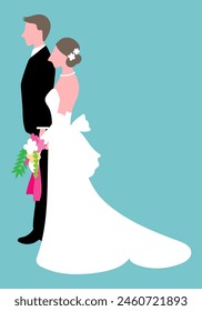 Vector illustration of a bridegroom and a bride holding a bouquet viewed from the side