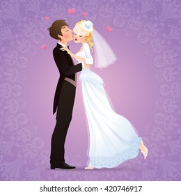 Vector illustration with bridegroom kissing his charming and shyness bride