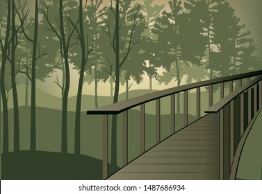 Vector illustration of a bridge across the chasm in the forest trees bridge Wallpaper mysterious figure, wood crossing the ravine