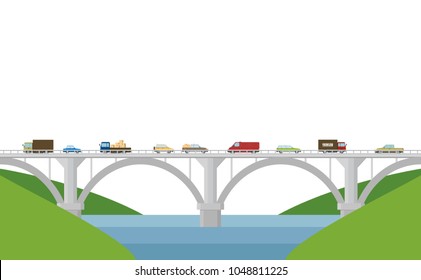 Vector illustration. Bridge with cars on a white background.