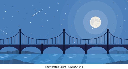 Vector and illustration of bridge cross river on nighttime with moon, star, meteor and clear sky in flat cartoon style