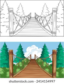 Vector illustration of a bridge in a forest setting
