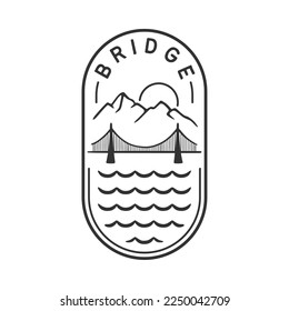 Vector Illustration of Bridge and Mountain with Sunset in Line Art Style for Badge Logo, Icon, Tattoo and other Purpose.