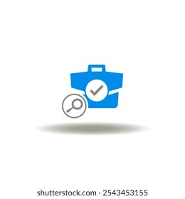 Vector illustration of briefcase with check mark and magnifier. Symbol of job search.
