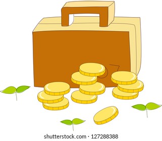 A vector illustration of a briefcase and coins around