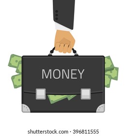 Vector illustration of a briefcase full of money in the man's hand. Illustration in a flat style man holding a suitcase full of money.