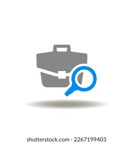 Vector illustration of briefcase and magnifier. Icon of investing revenue. Symbol of analysis business case.