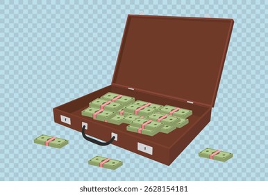Vector Illustration of a Briefcase with Money Bundles on transparent background