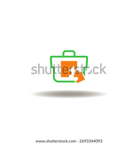 Vector illustration of briefcase with puzzle pieces. Icon of business strategy contemplation. Symbol of business competition.